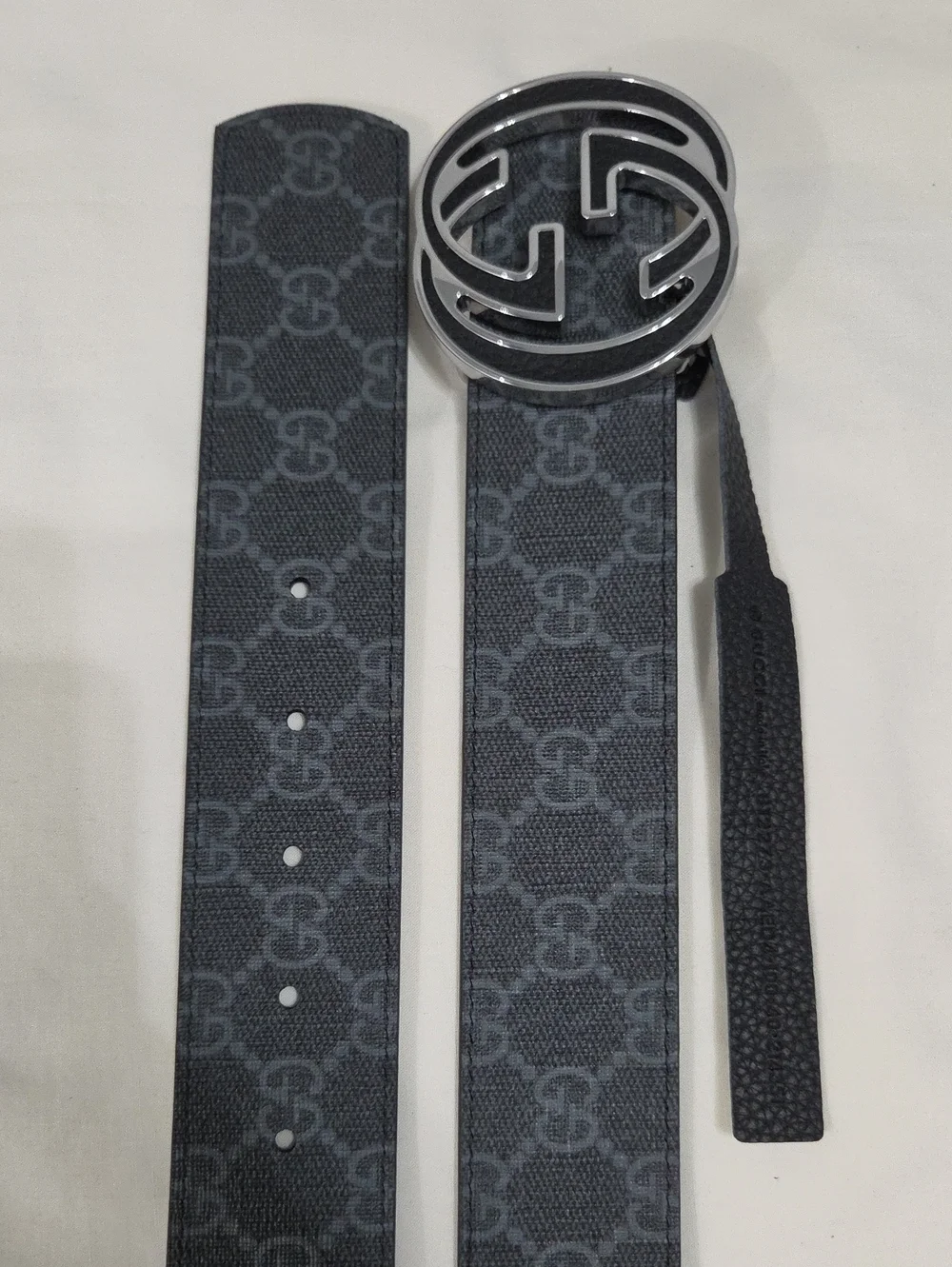 Gucci Black Leather Monogram Belt Silver Double GG Buckle